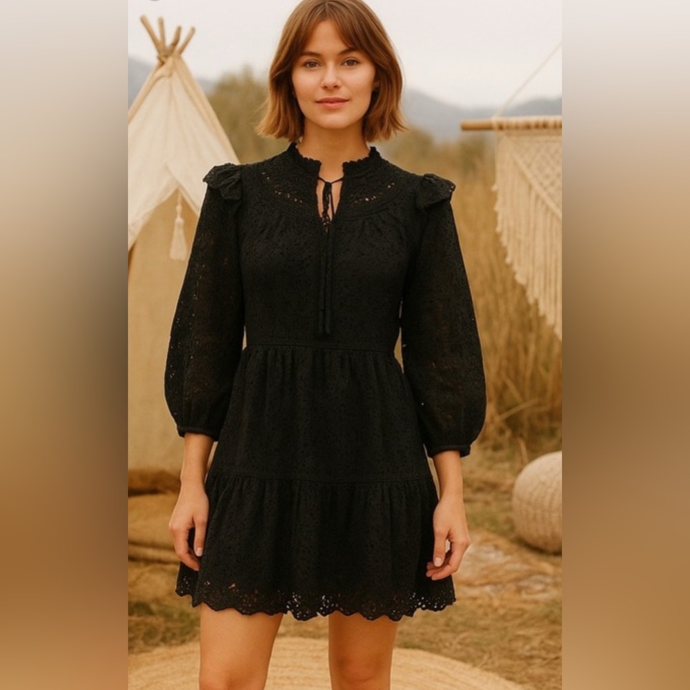 AE 77 Eyelet Lace Mini‎ Dress Black Long Sleeve Boho Ruffle Trim Tiered